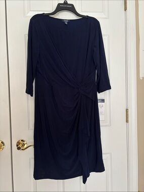 Chaps Navy Sleeve Twist-Knot Midi Dress